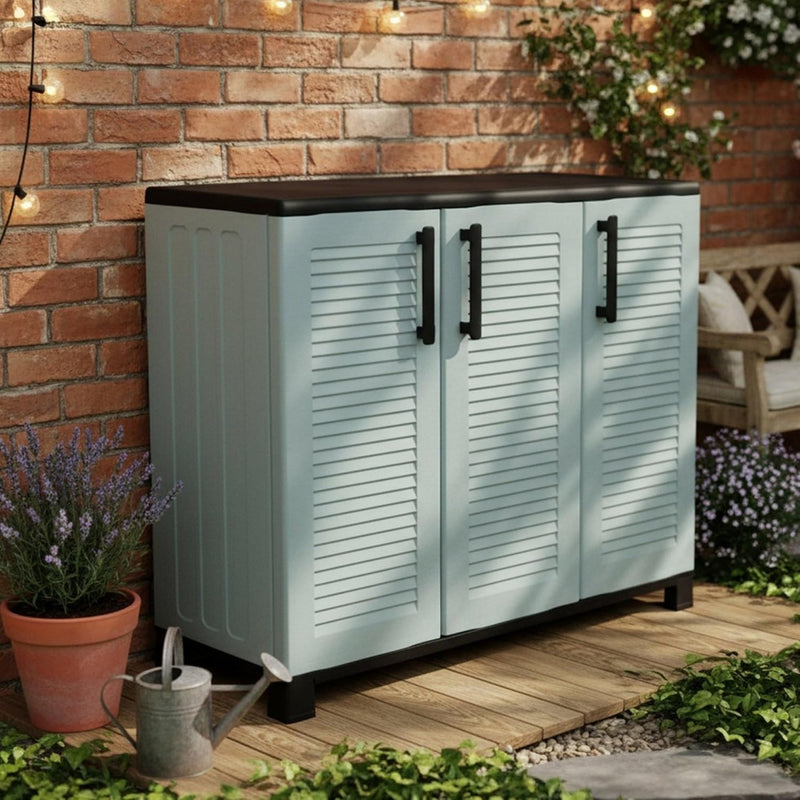 Armadio Dmora - Armadio da esterno Pelt, Armadio balcone multiuso, Mobile outdoor 3 con struttura in acciaio