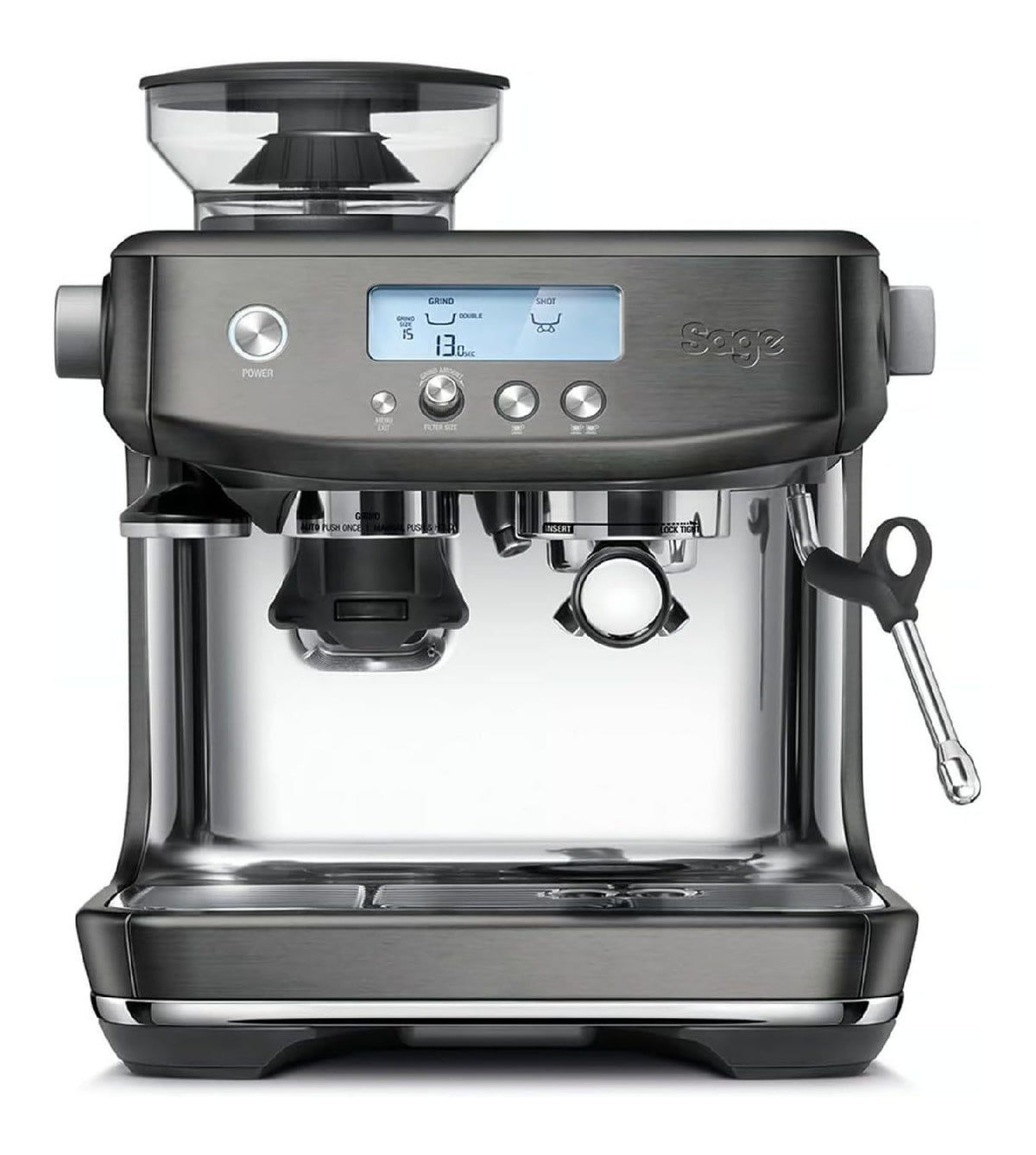 Elettrodomestico compatto nero in acciaio inox con macinacaffe